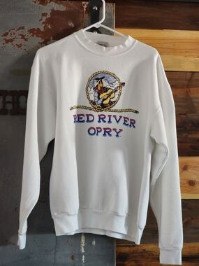 Vintage Oneita White Red River Opry Graphic Crewneck Sweatshirt